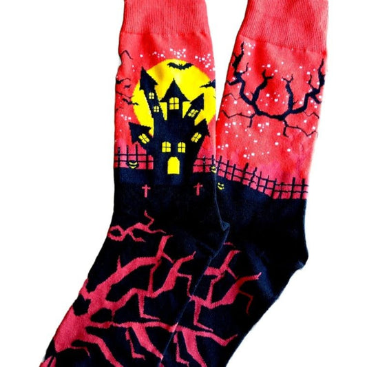 Red Bats and Haunted House Socks (Adult Large - Men's Shoe Sizes 8 - 12)