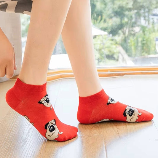 Red Pug Ankle Socks (Adult Medium - Women's Shoe Sizes 5 - 10)