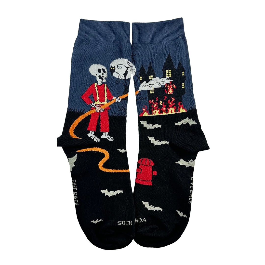 Skeleton Fireman and Haunted House Socks (Two Sizes), SkeletonFireManSm