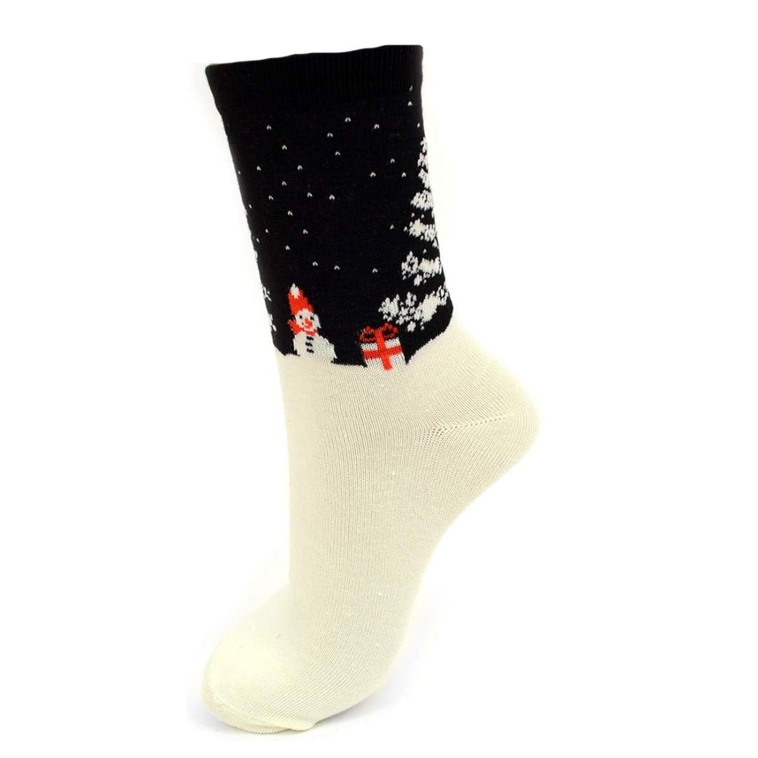 Snowman with Gift Winter Holiday Socks (Adult Medium - Women's Shoe Sizes 5-10), Snowman on Black