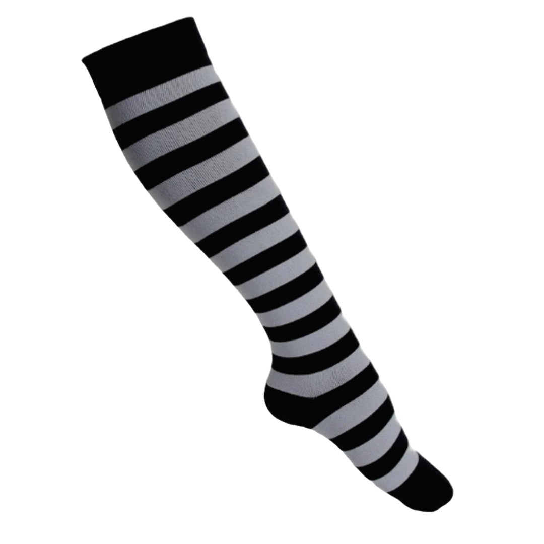 Striped Patterned Socks (Knee High) - Gray and Black, GrayBlackKneeMd