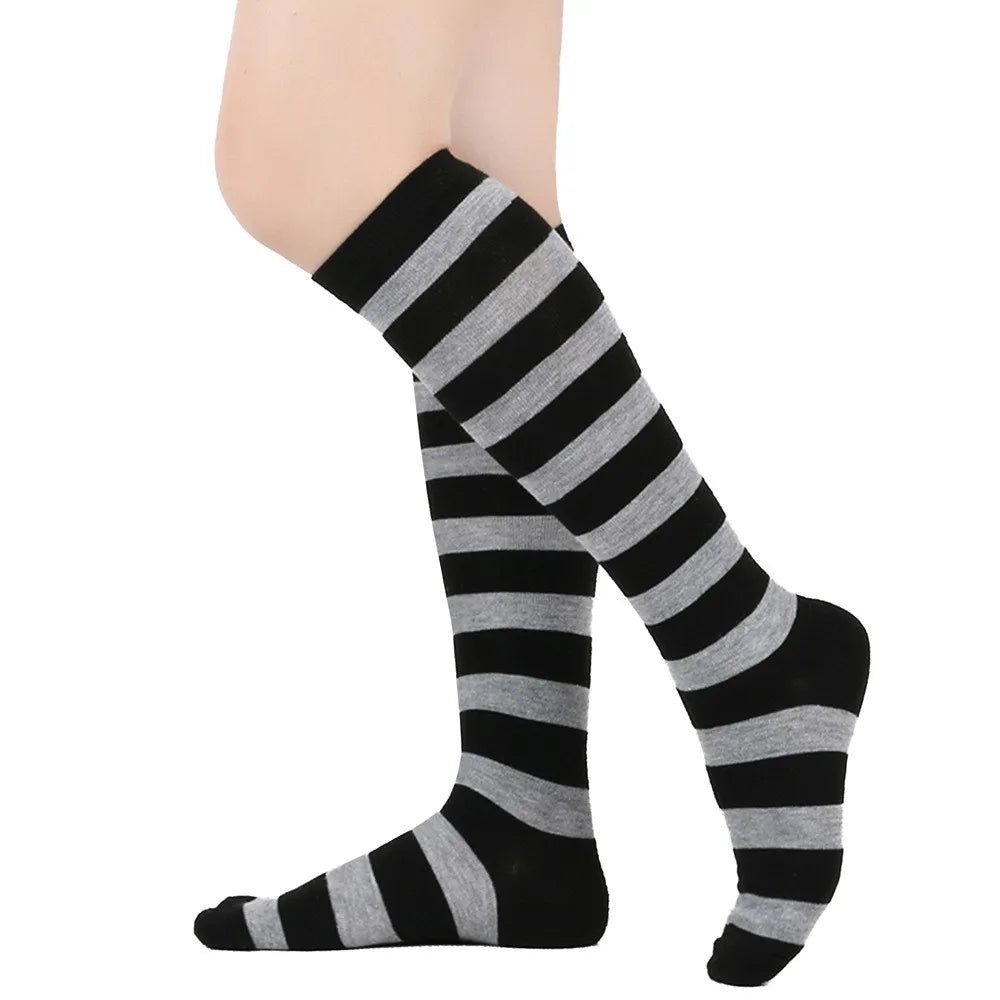 Striped Patterned Socks (Knee High) - Gray and Black, GrayBlackKneeMd