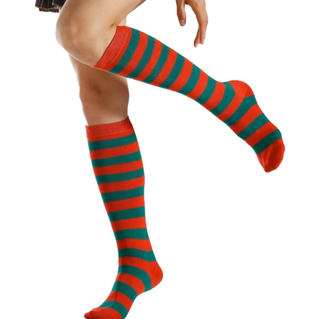 Striped Patterned Socks (Knee High) Green and Red, RedGreenKneeMd