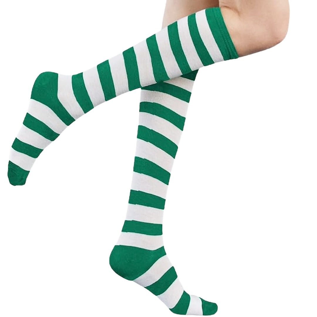 Striped Patterned Socks (Knee High) Kelly Green and White, KellyGreenKneeMd