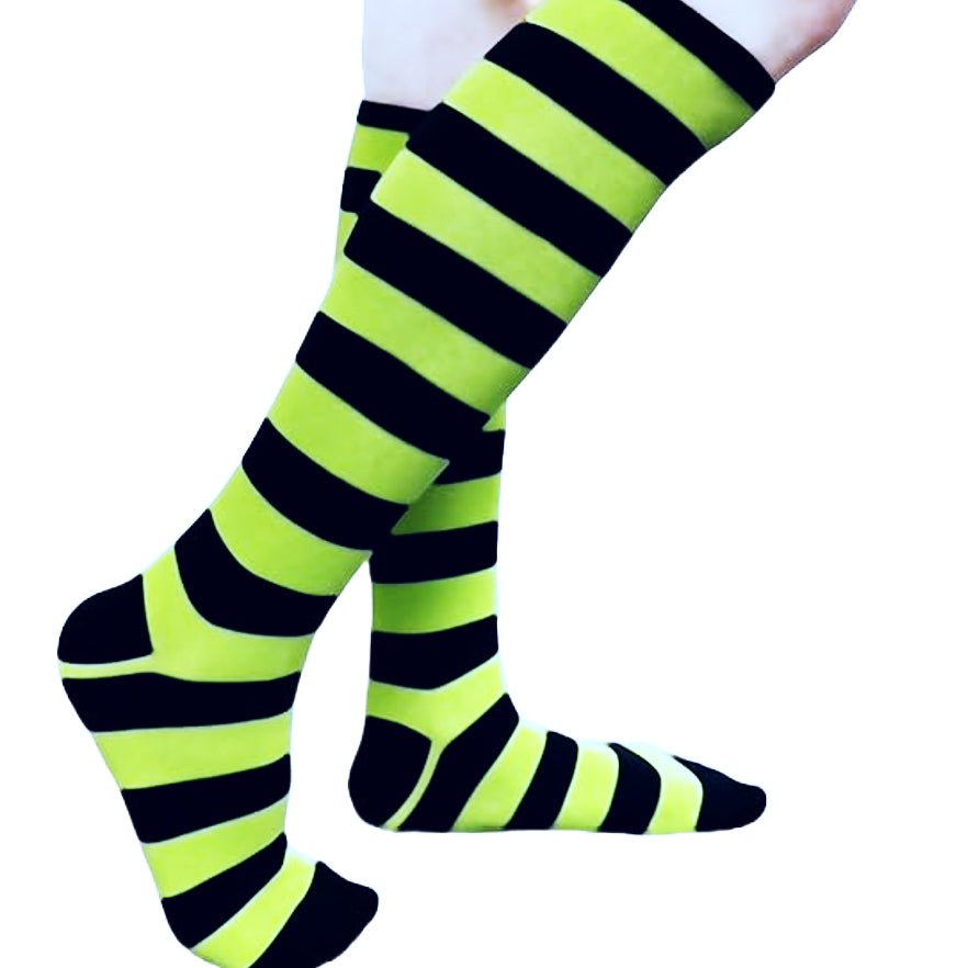 Striped Patterned Socks (Knee High) Lime Green and Black, LimeBlackKneeMd