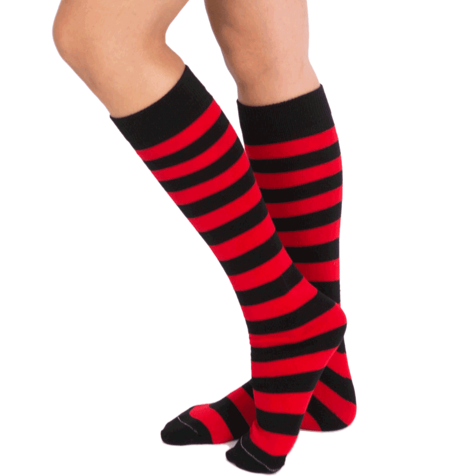 Striped Patterned Socks (Knee High) Red and Black, RedBlackThighMd