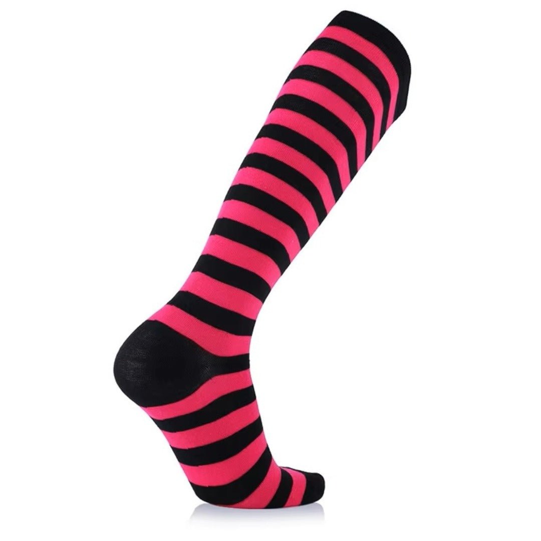 Striped Patterned Socks (Knee High) Rose Red and Black