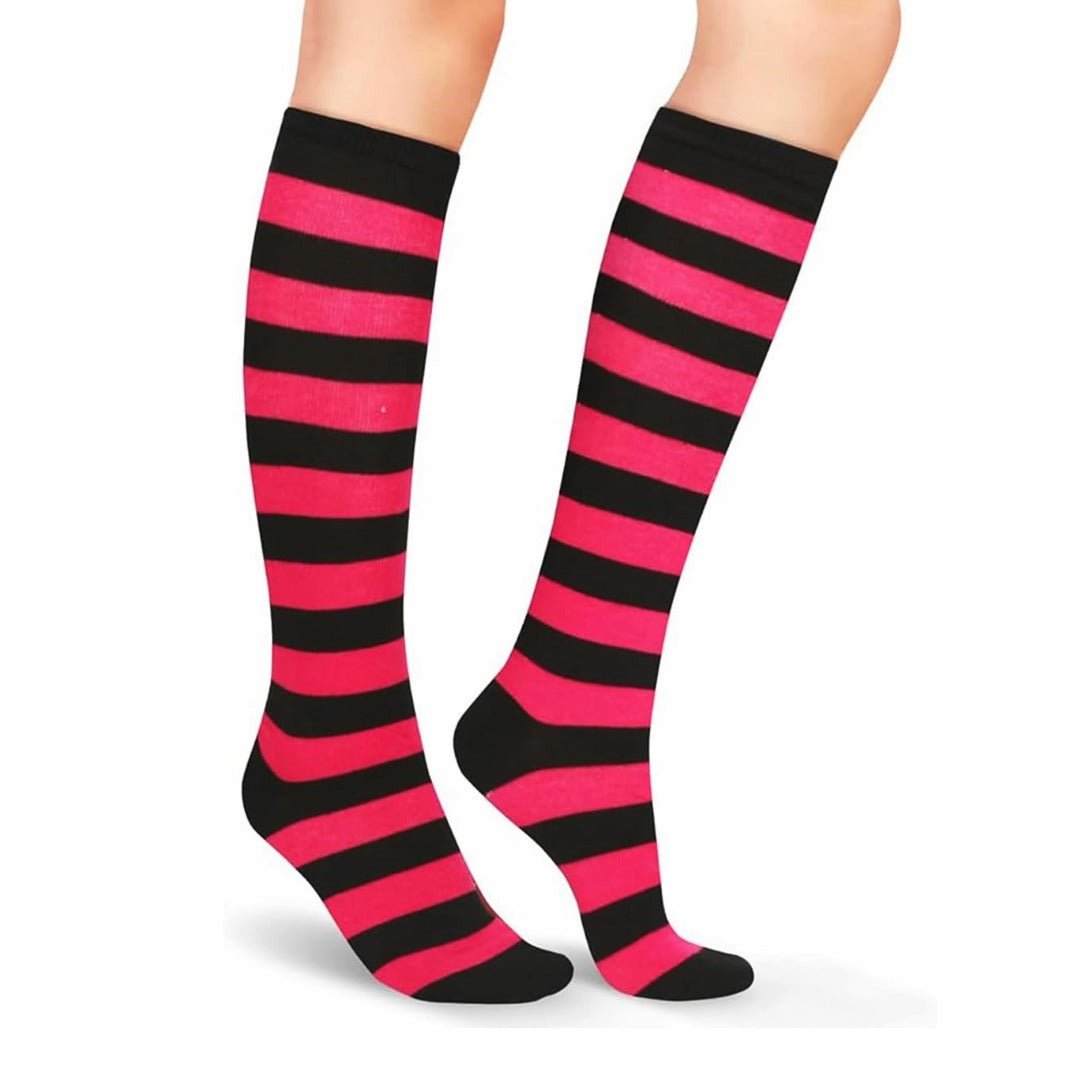 Striped Patterned Socks (Knee High) Rose Red and Black, RoseRedKneeMd