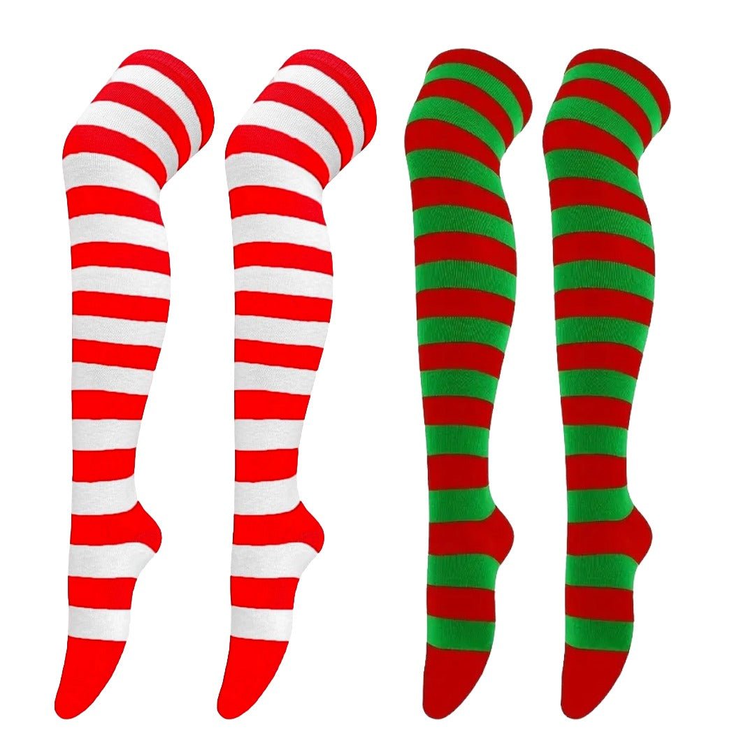 Striped Patterned Socks (Thigh High) - Christmas Themed (2-Pack), ChristThigh2PackMd