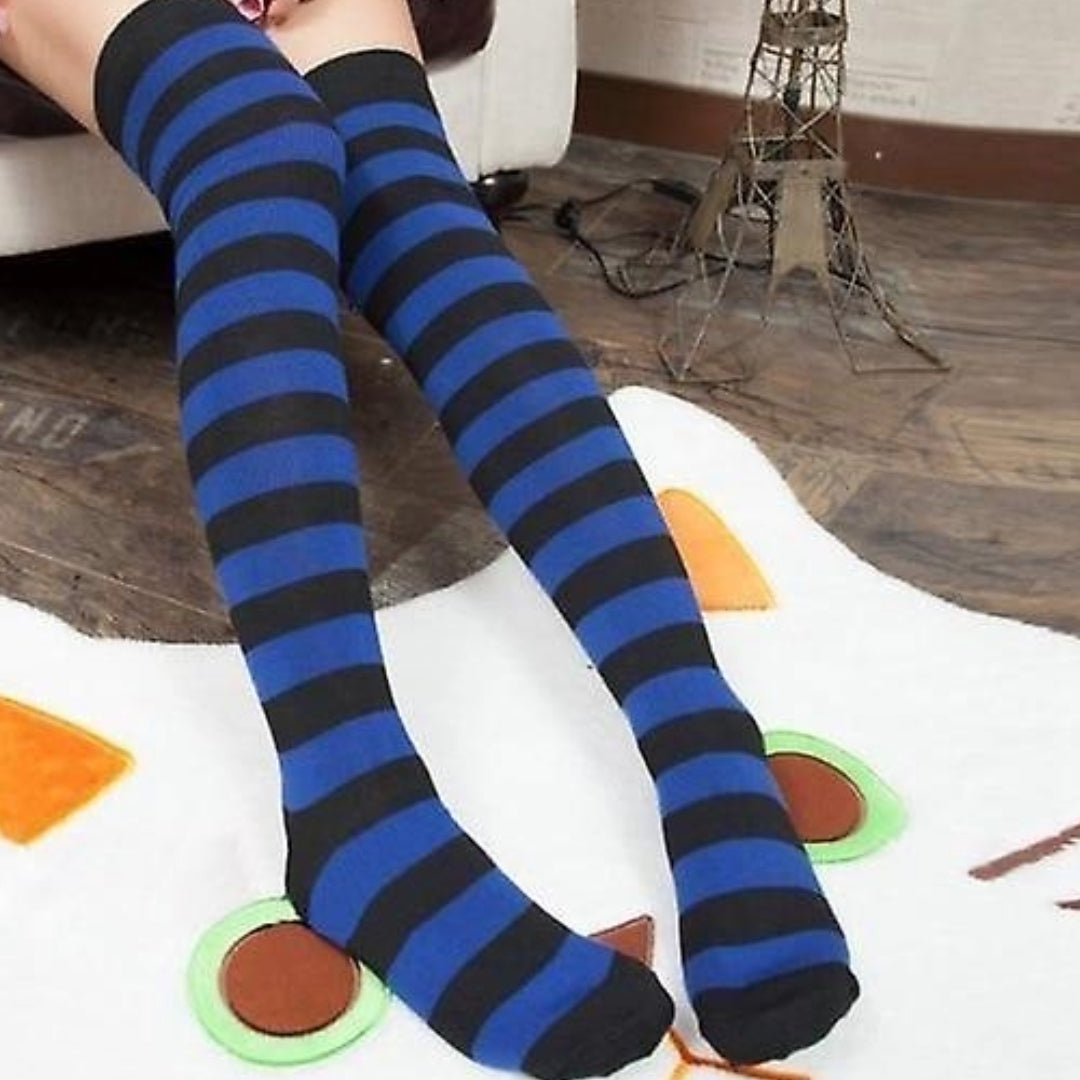 Striped Patterned Socks (Thigh High) Dark Blue and Black, DarkBlueBlackThighMd