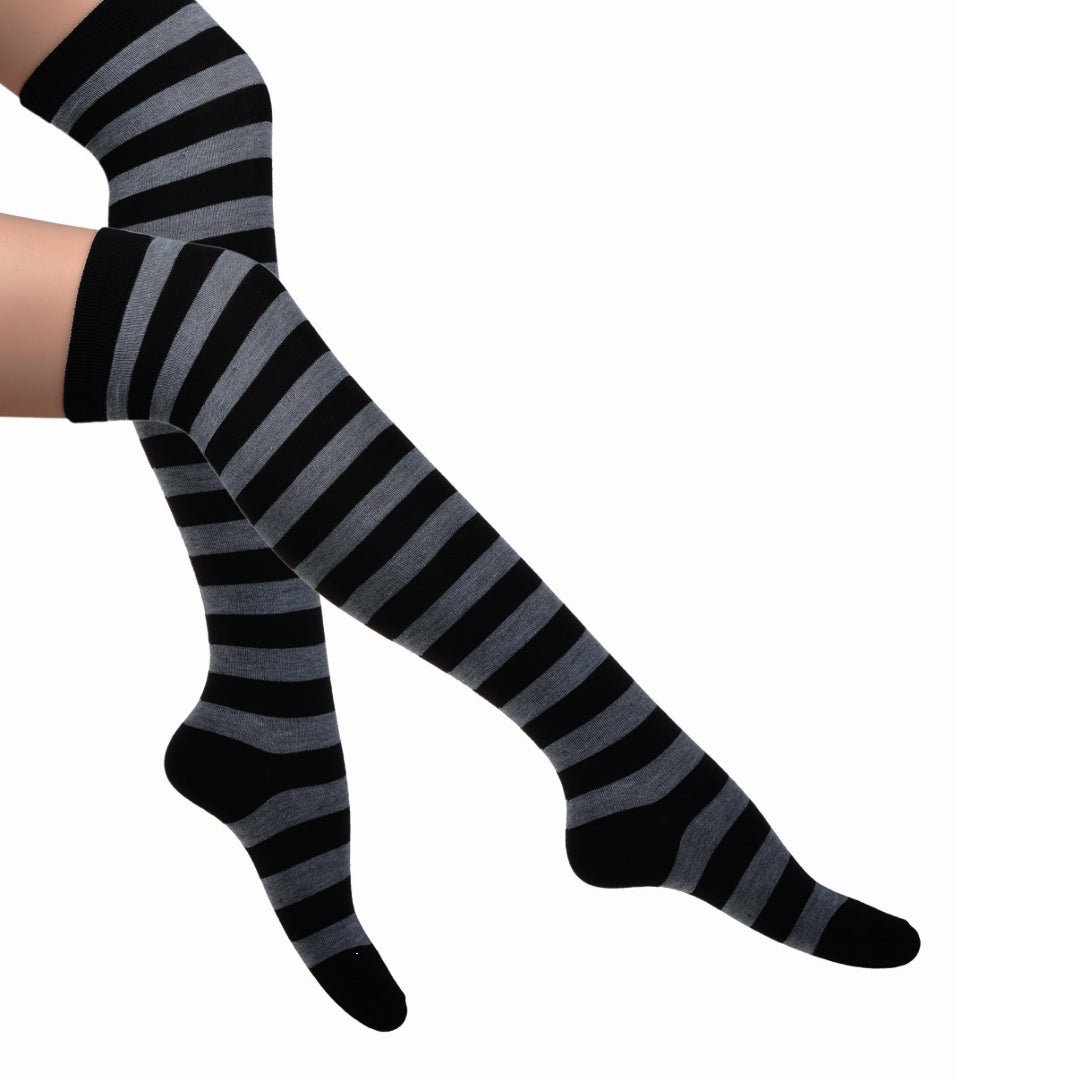 Striped Patterned Socks (Thigh High) Dark Gray and Black, GrayBlackThighMd