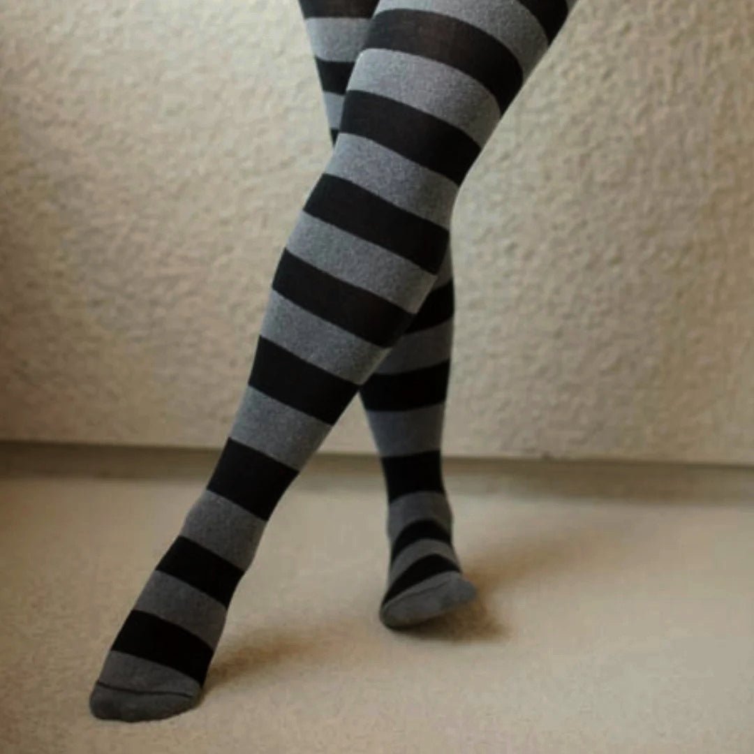 Striped Patterned Socks (Thigh High) Dark Gray and Black, GrayBlackThighMd