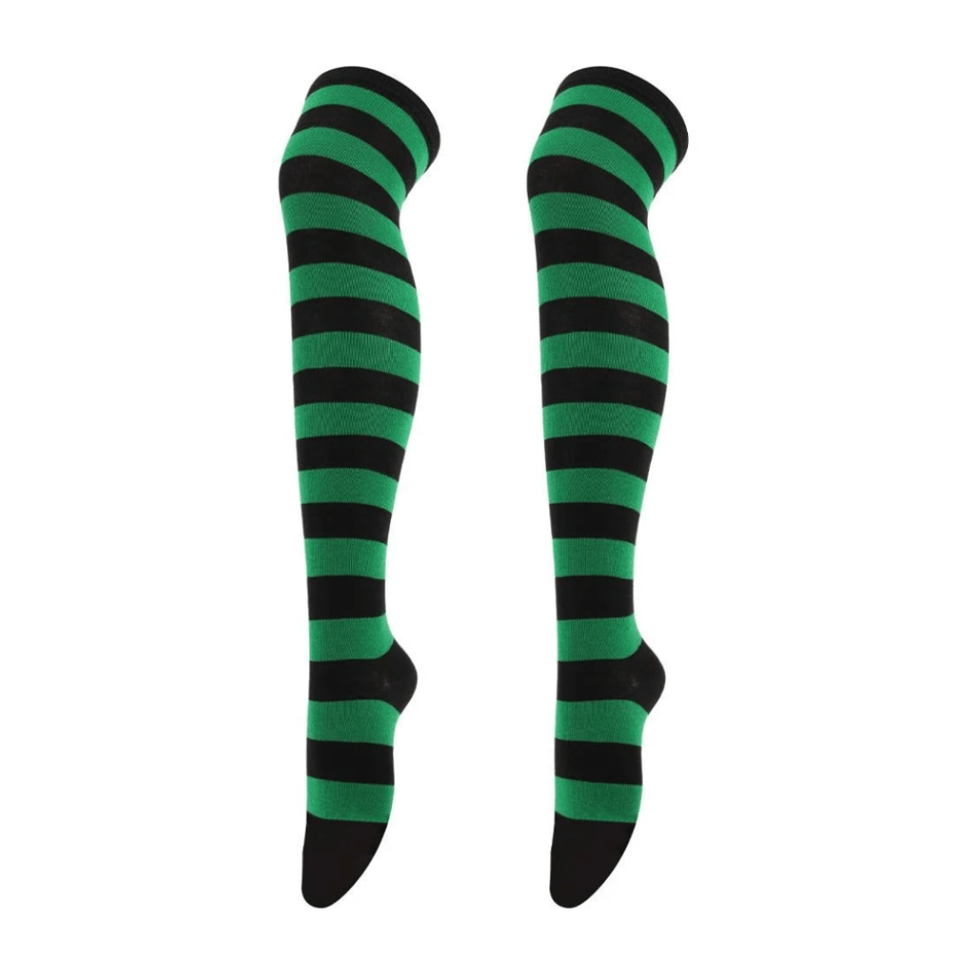 Striped Patterned Socks (Thigh High) Green and Black, GreBlaThighMd