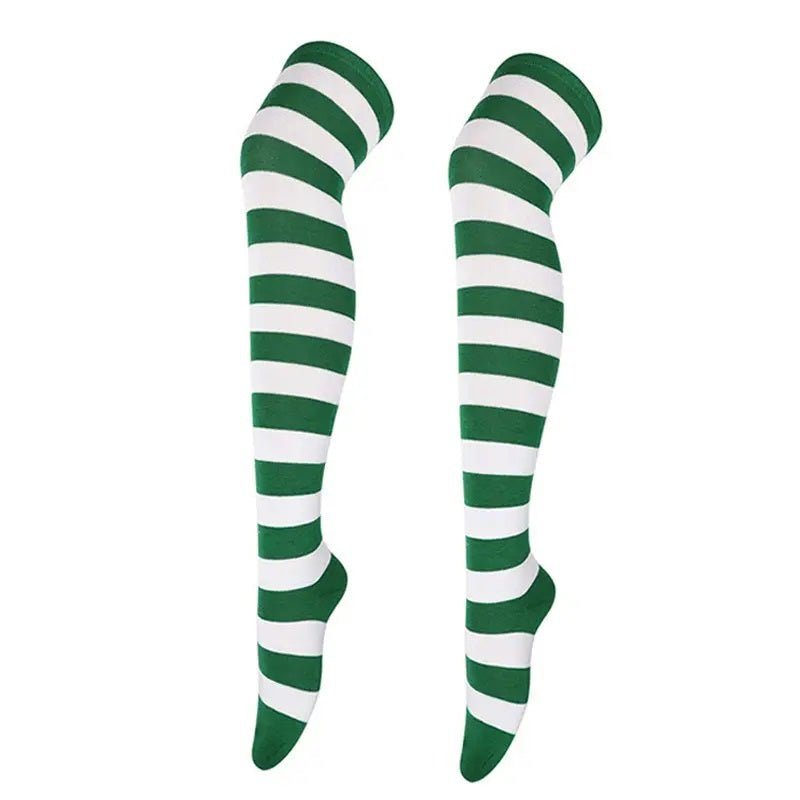 Striped Patterned Socks (Thigh High) Green and White, GreenWhiteThighMd