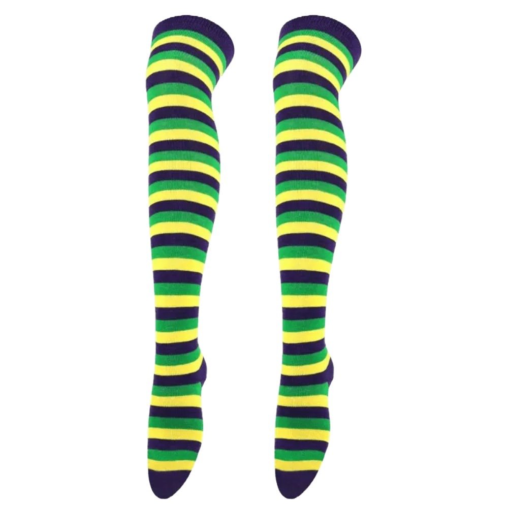 Striped Patterned Socks (Thigh High) Green, Yellow and Blue, GreenYellowBlThighMd