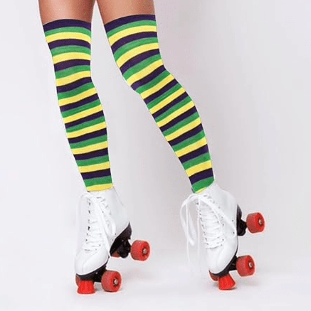 Striped Patterned Socks (Thigh High) Green, Yellow and Blue, GreenYellowBlThighMd