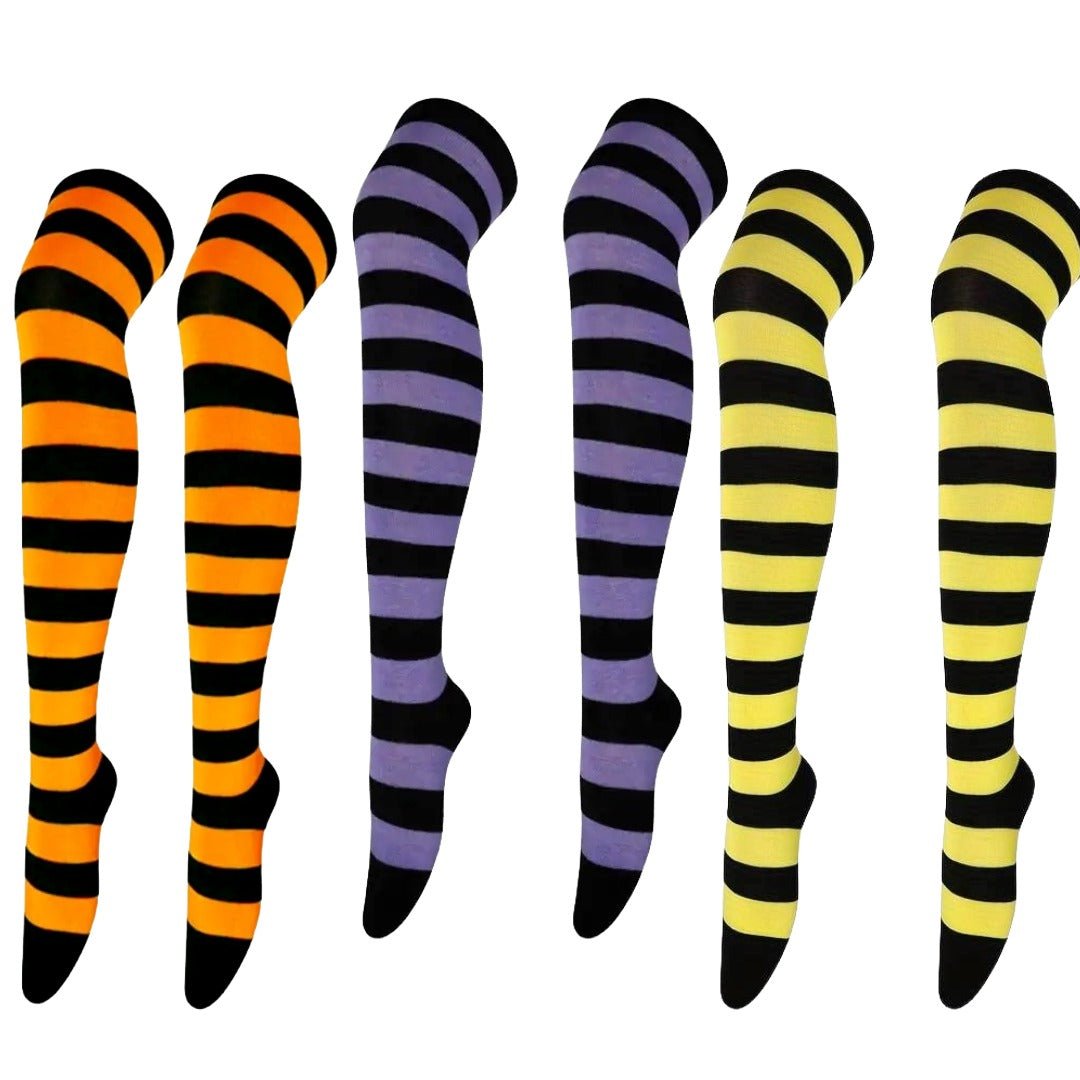 Striped Patterned Socks (Thigh High) - Halloween Themed (3-Pack), HallThighStrip3pck