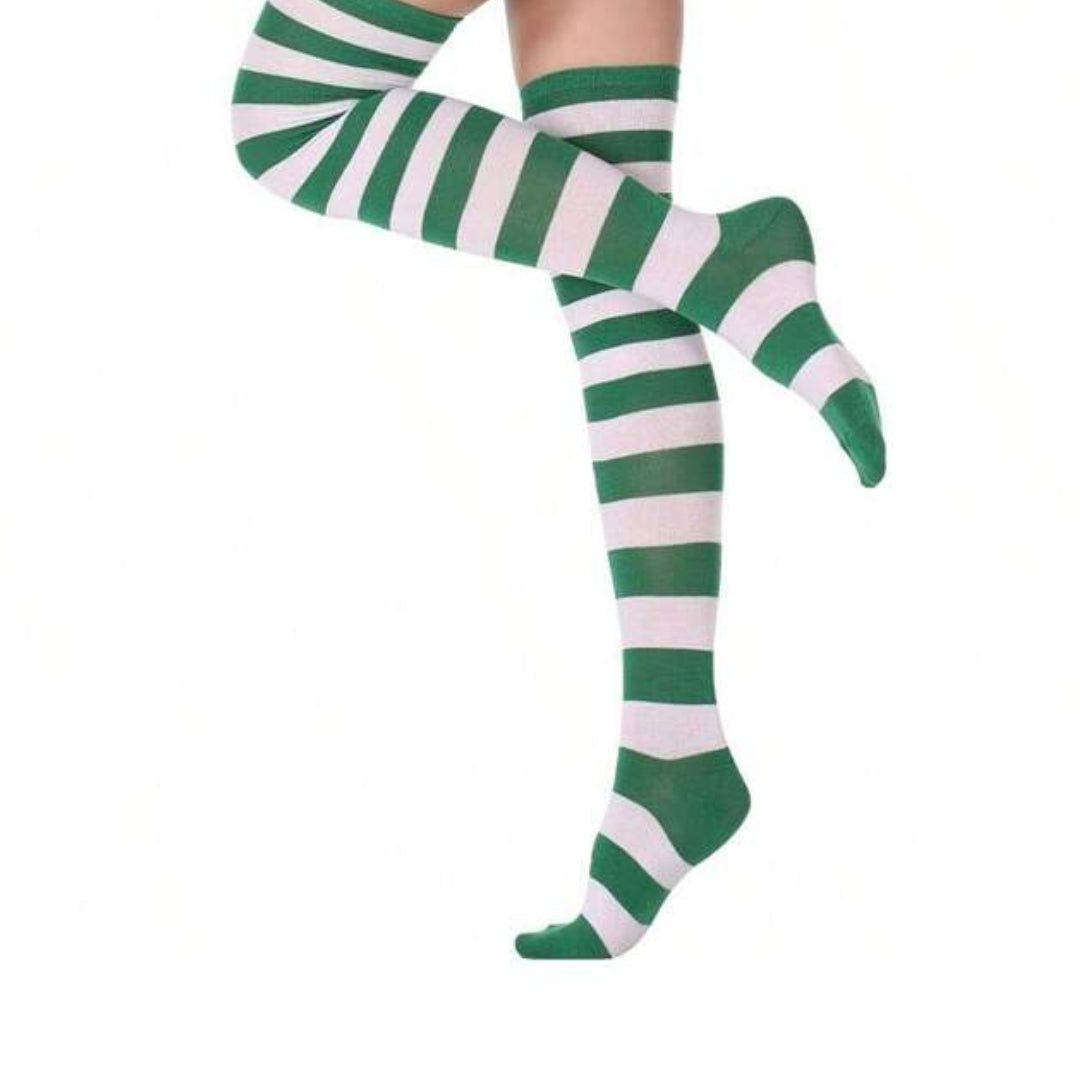 Striped Patterned Socks (Thigh High) Kelly Green and White, KellygreenThighMd