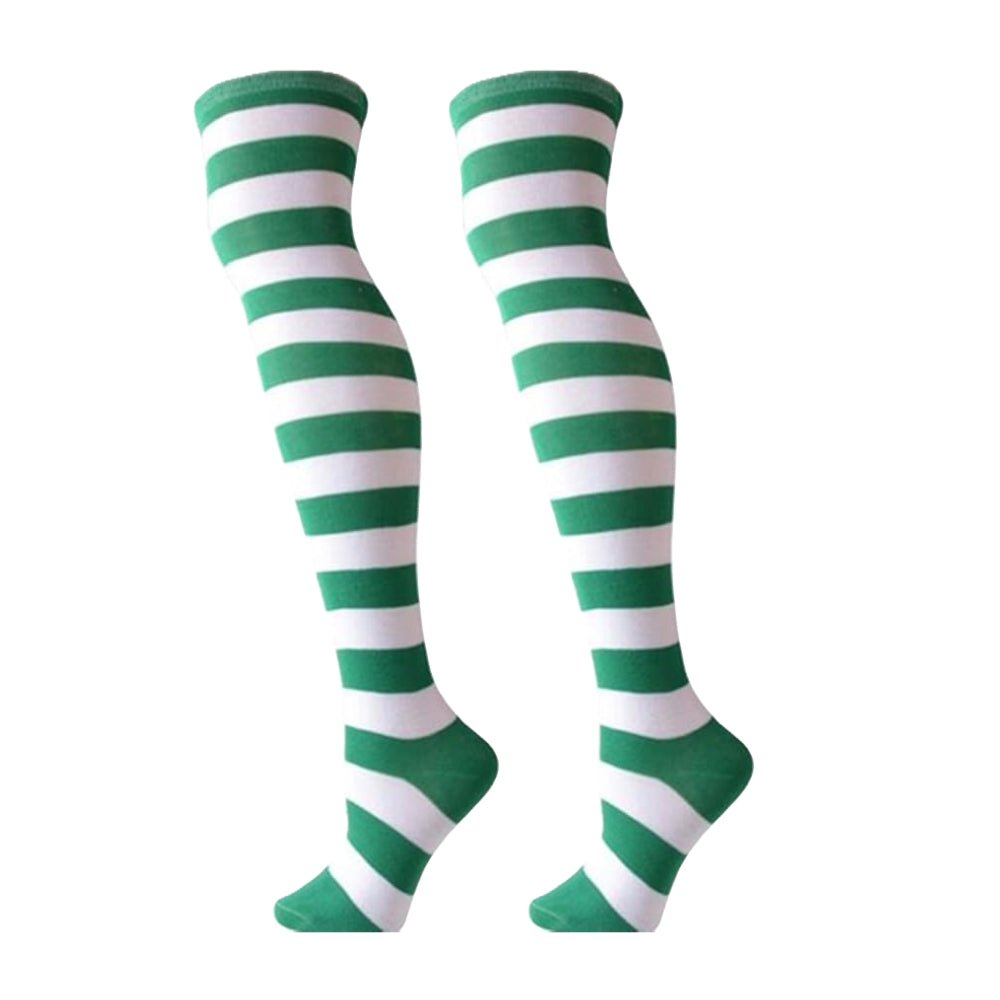 Striped Patterned Socks (Thigh High) Kelly Green and White, KellygreenThighMd