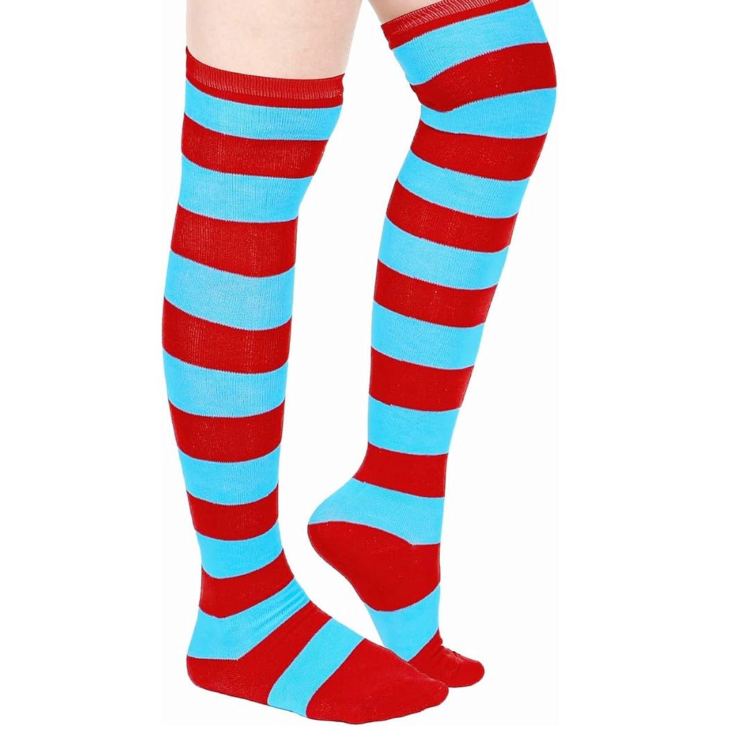Striped Patterned Socks (Thigh High) Light Blue and Red, LightBlRedStripeThighMd