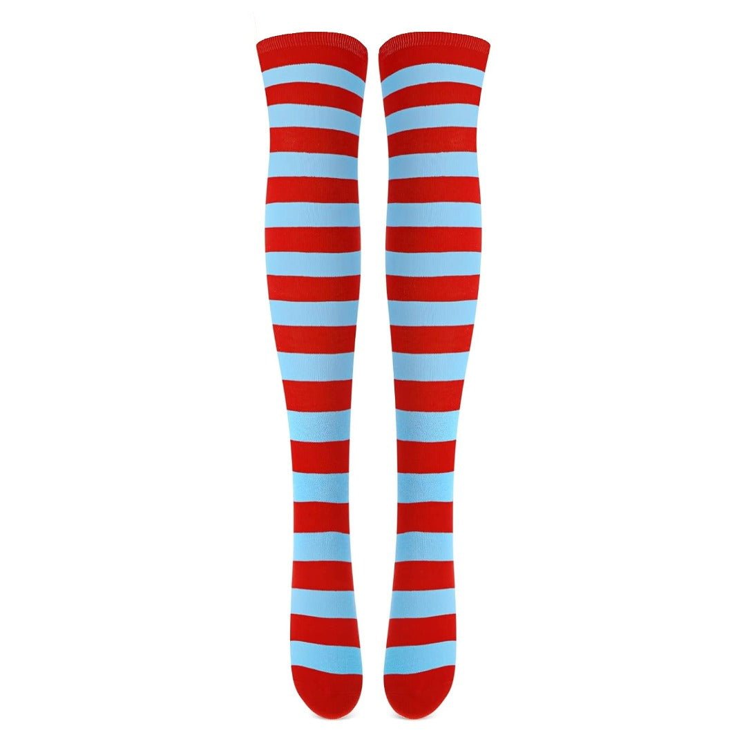 Striped Patterned Socks (Thigh High) Light Blue and Red, LightBlRedStripeThighMd