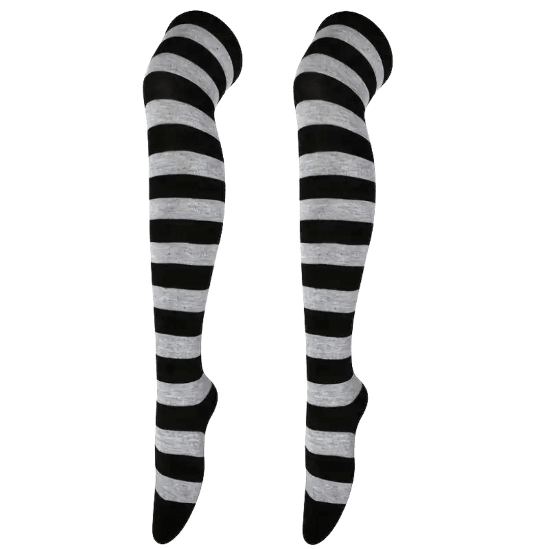 Striped Patterned Socks (Thigh High) Light Gray and Black, LGrayBlackKneeMd