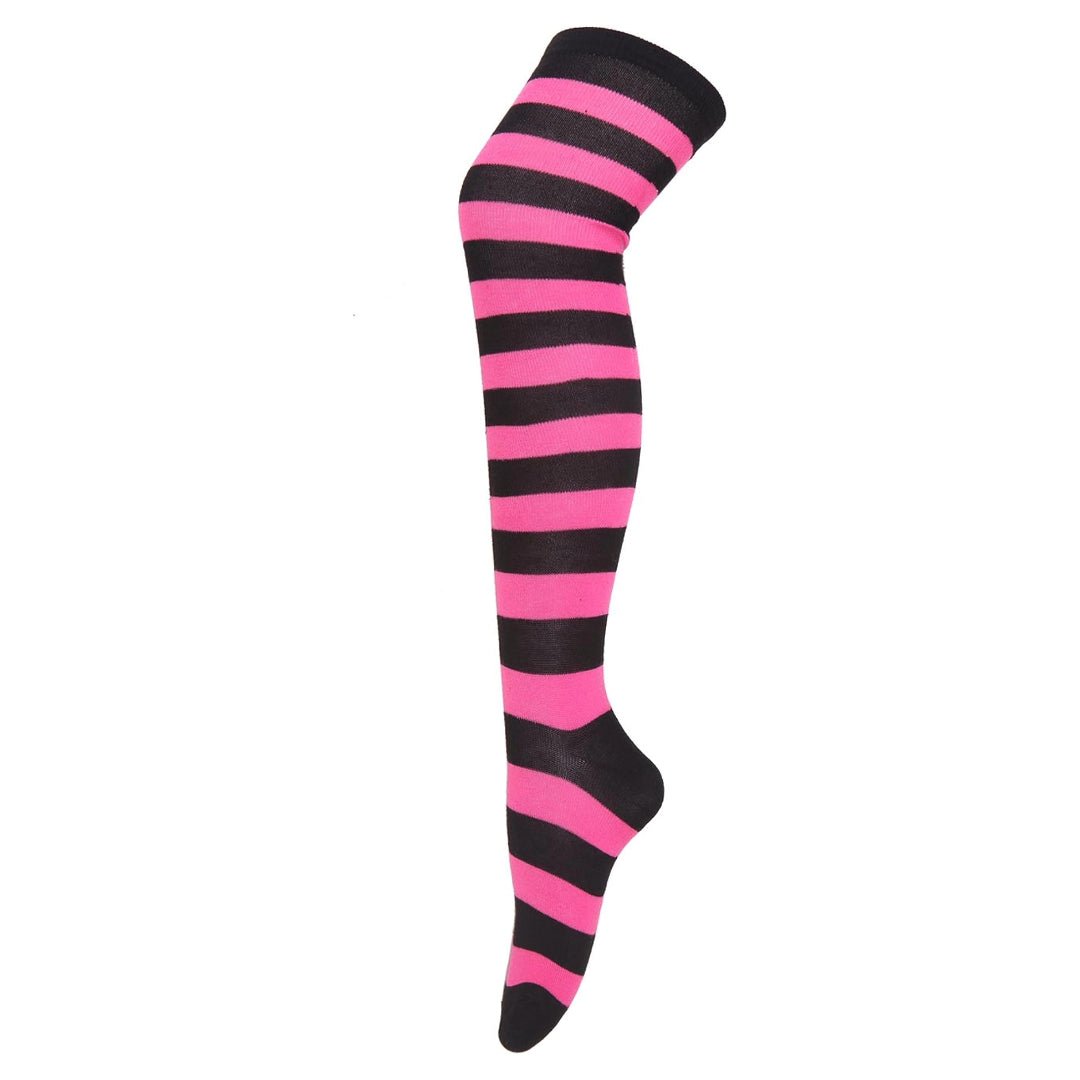 Striped Patterned Socks (Thigh High) Neon Pink and Black, DarkPinkBlackThighMd
