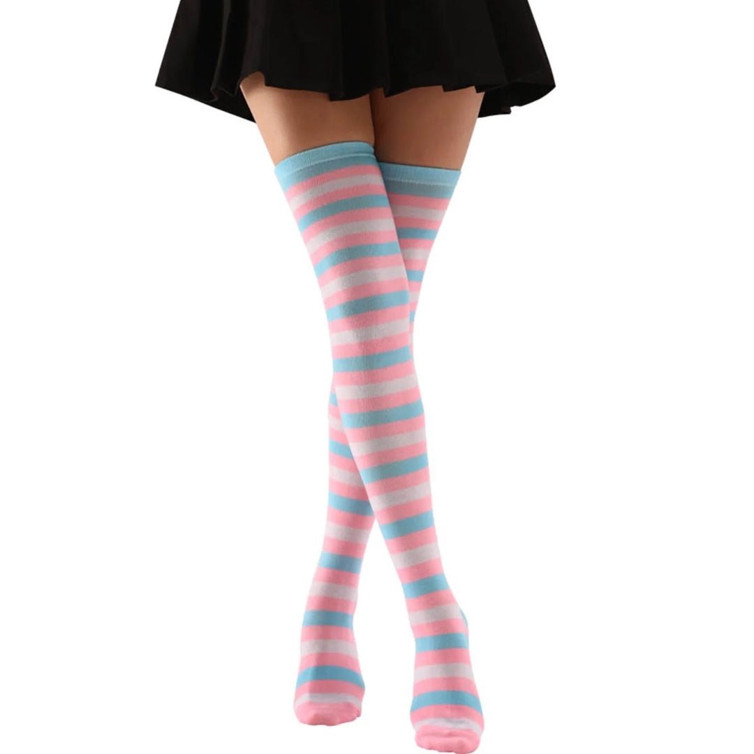 Striped Patterned Socks (Thigh High) Pink and Baby Blue, PinkBlueThighMd