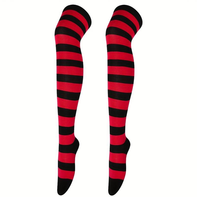 Striped Patterned Socks (Thigh High) Red and Black, REdandBlackThighMd
