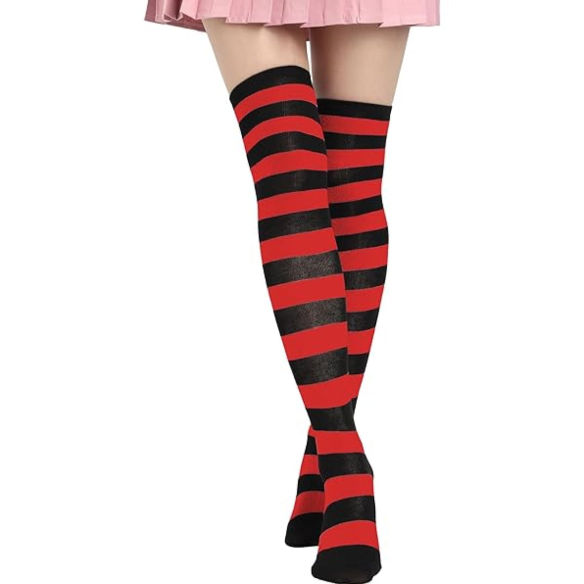 Striped Patterned Socks (Thigh High) Red and Black, REdandBlackThighMd