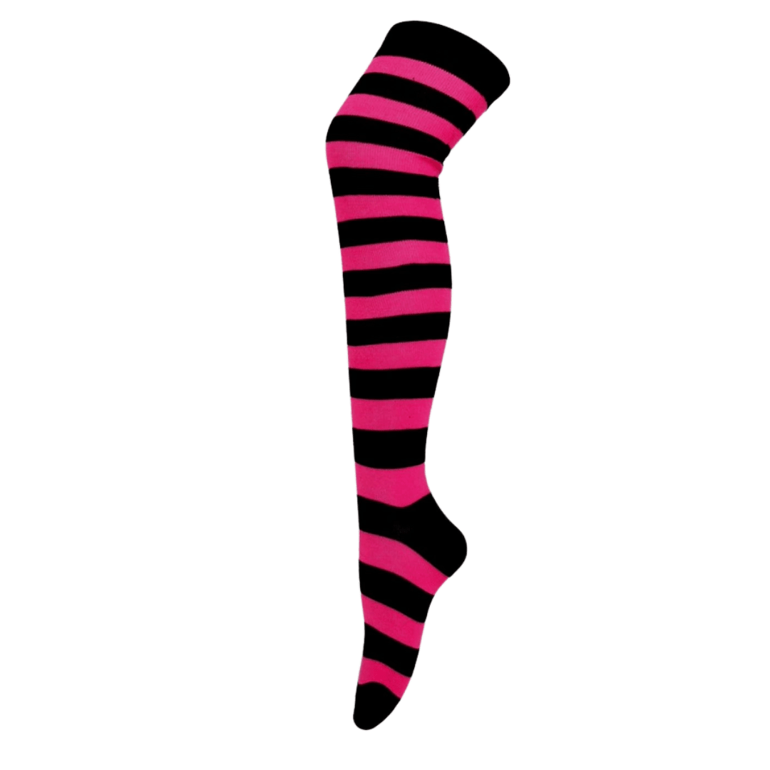 Striped Patterned Socks (Thigh High) Rose Red and Black, HotPinkBlackThighHigh