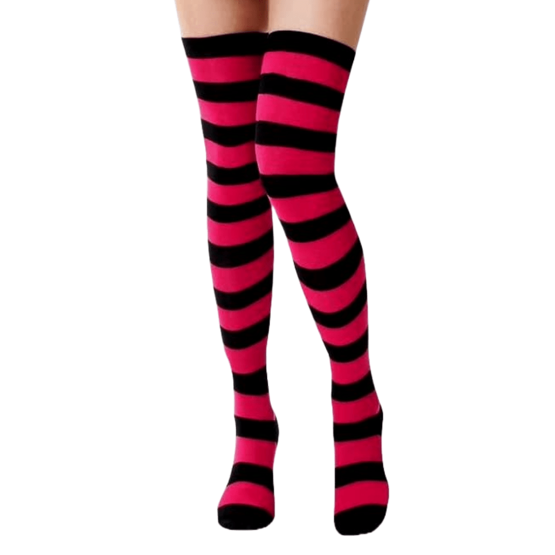Striped Patterned Socks (Thigh High) Rose Red and Black, HotPinkBlackThighHigh