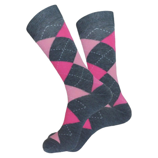 Stylish Argyle Socks (Adult Large) Charcoal Heather and Pink