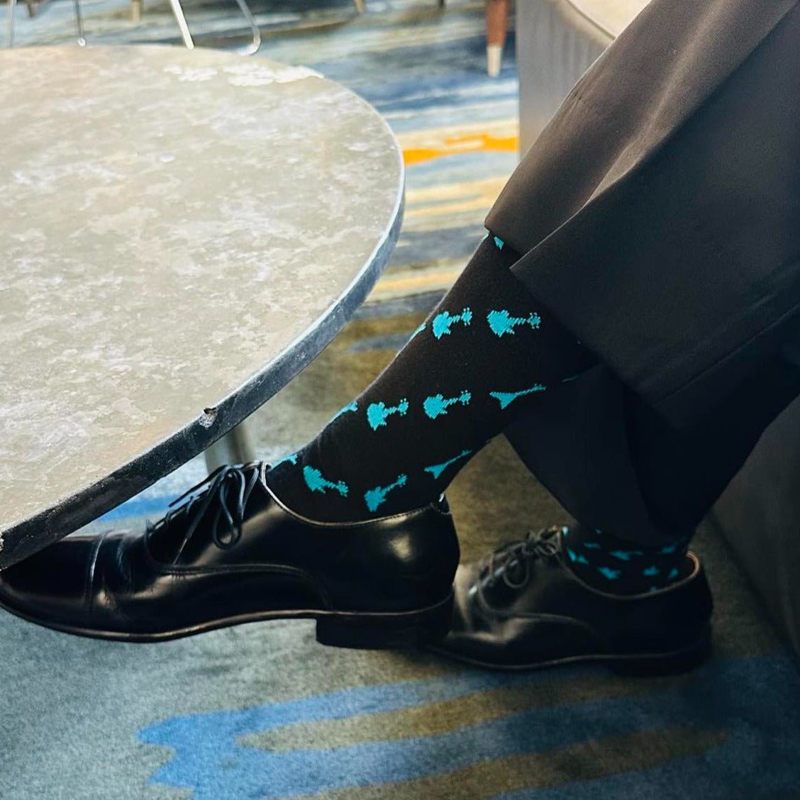 Teal and Black Guitar Patterned Socks from the Sock Panda, TealGuitar