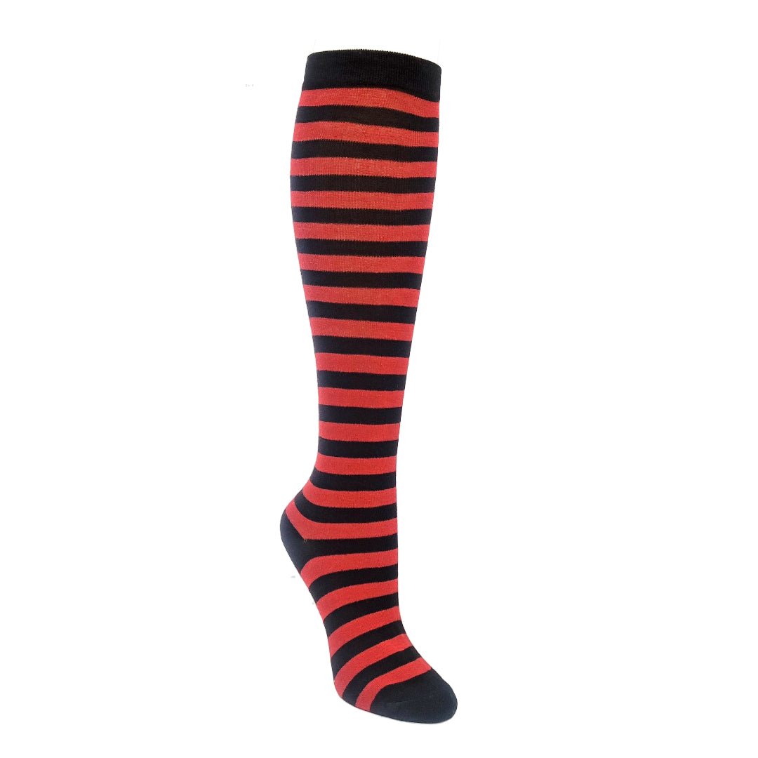 Thin Striped Patterned Socks (Knee High), ThinStripKneeRed
