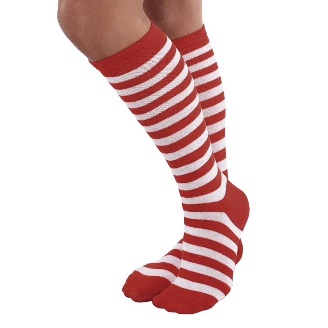 Thin Striped Patterned Socks (Knee High) Red and White, ThinStripKneeRedWhite