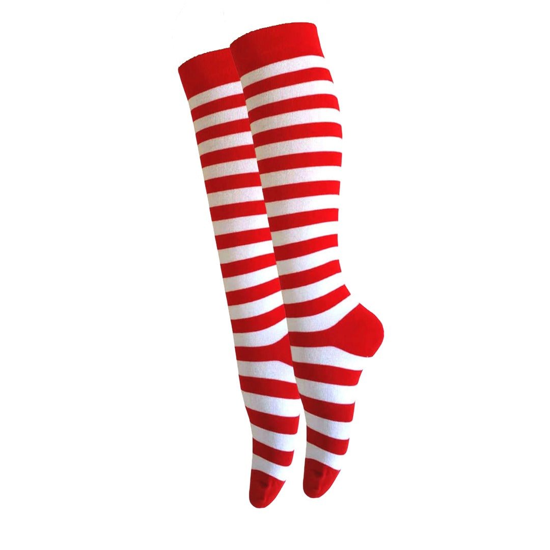 Thin Striped Patterned Socks (Knee High) Red and White, ThinStripKneeRedWhite