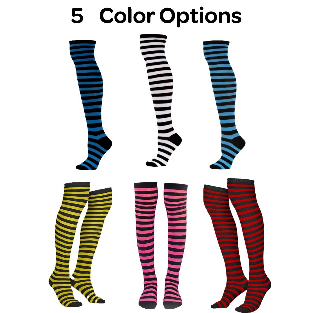 Thin Striped Patterned Socks (Thigh High), ThinStripThighDrBl