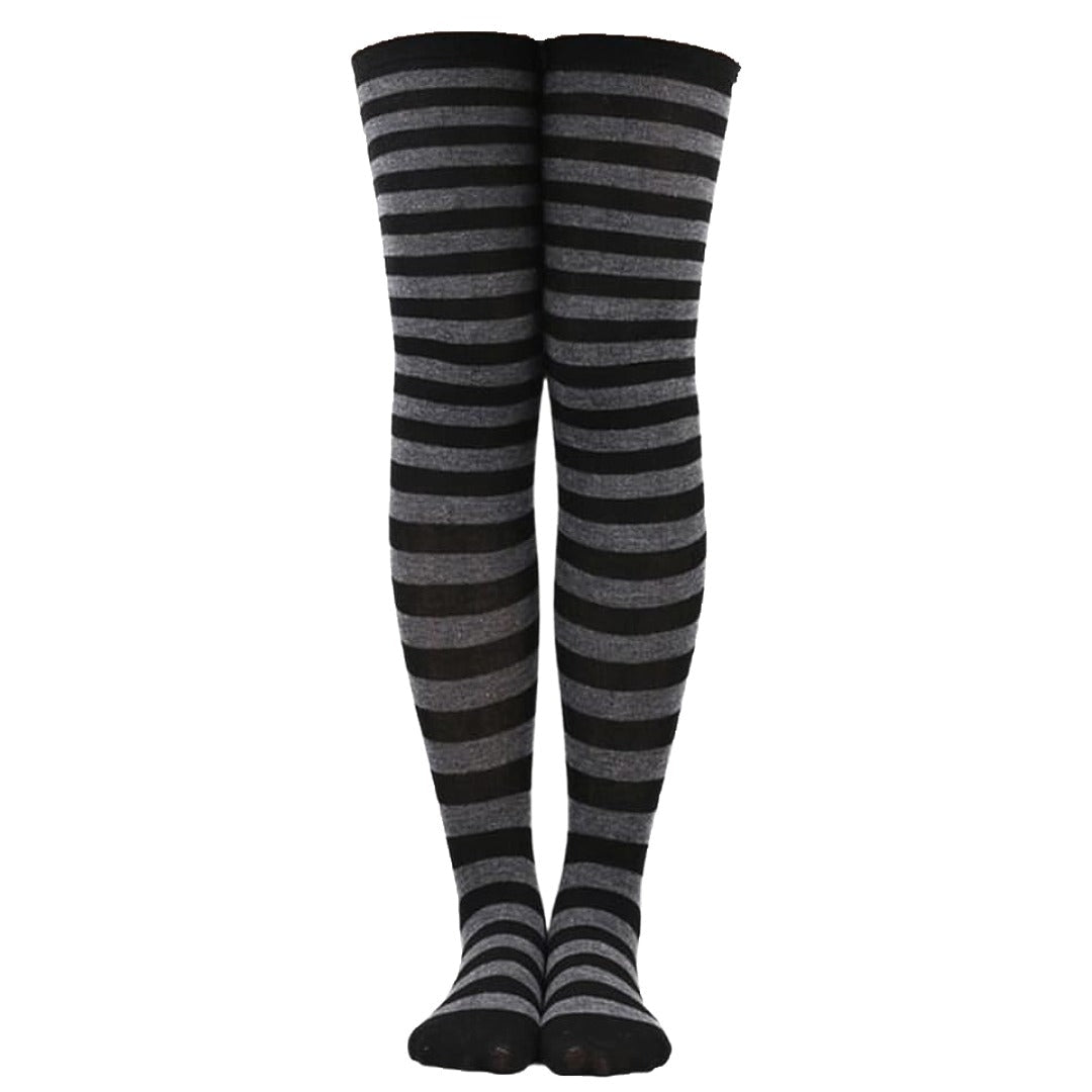 Thin Striped Patterned Socks (Thigh High) Dark Gray and Black, ThinStripThighDrGrey