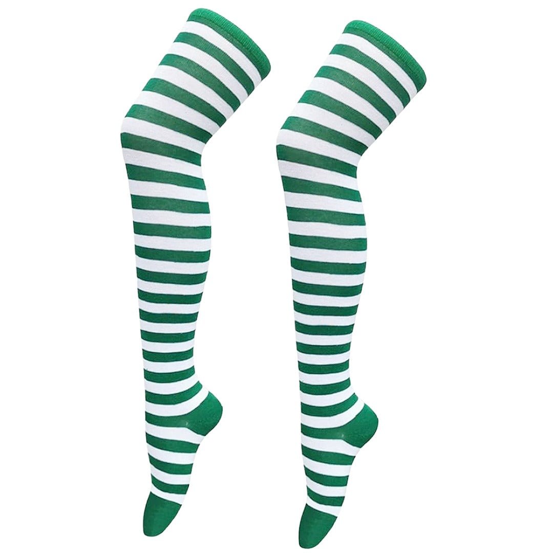 Thin Striped Patterned Socks (Thigh High) Kelly Green and Black, ThinStripThighKellGreen