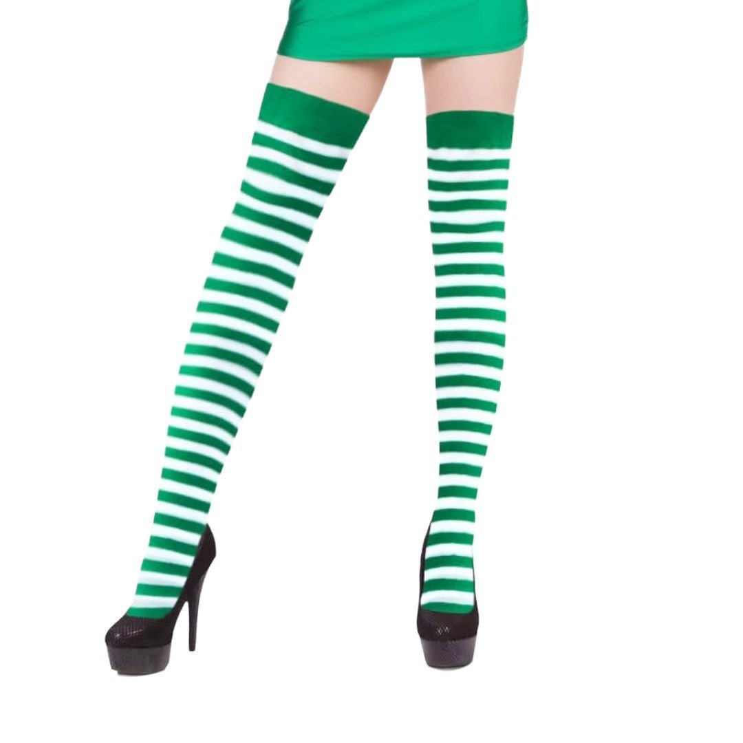 Thin Striped Patterned Socks (Thigh High) Kelly Green and Black, ThinStripThighKellGreen