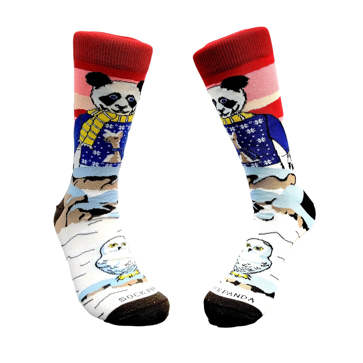 Winter Panda Wearing a Llama Sweater Watching a Snowy Owl (Adult Large - Men's Shoe Sizes 8-12), Winter Panda
