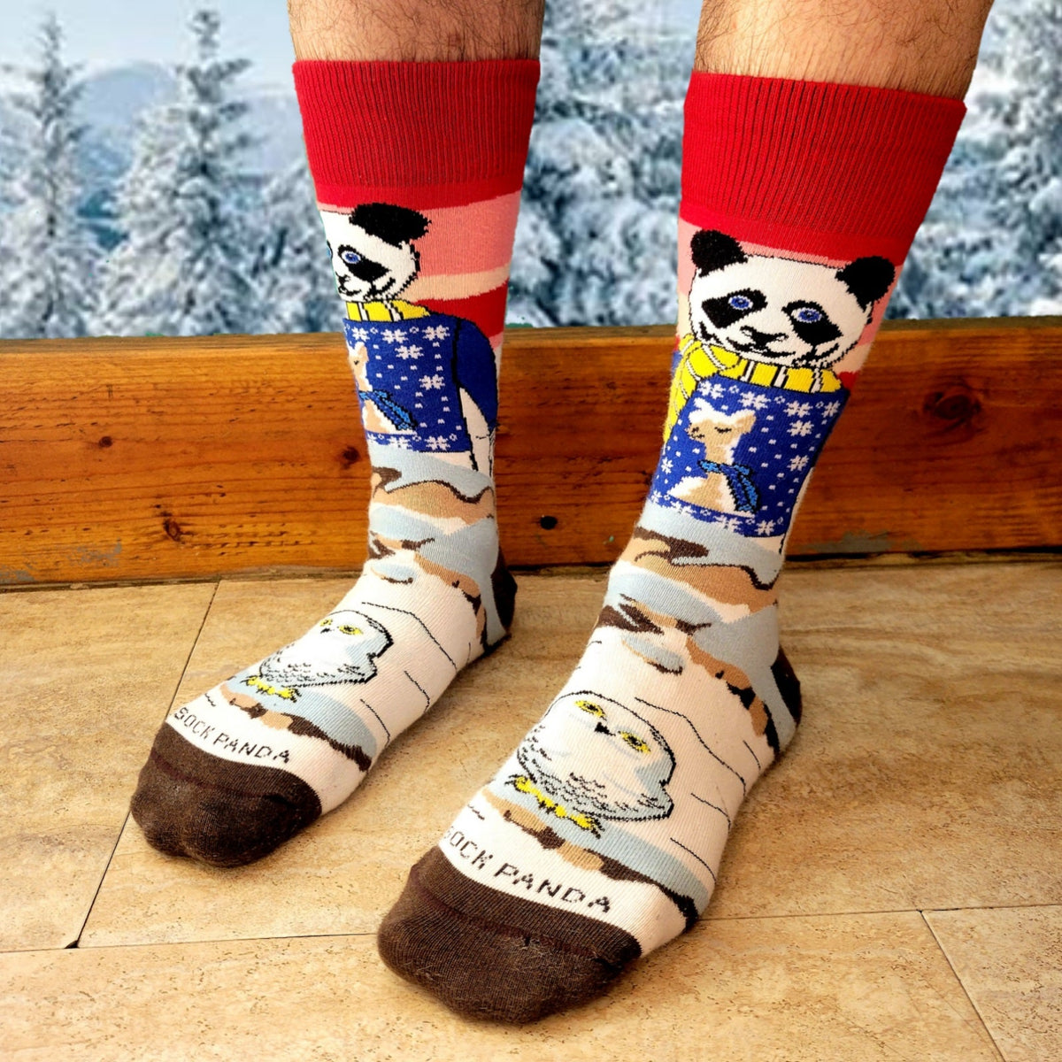 Winter Panda Wearing a Llama Sweater Watching a Snowy Owl (Adult Large - Men's Shoe Sizes 8-12), Winter Panda