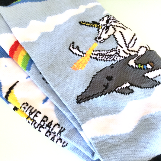Land of Dreams Socks - Fire Breathing Unicorn on a Dolphin!