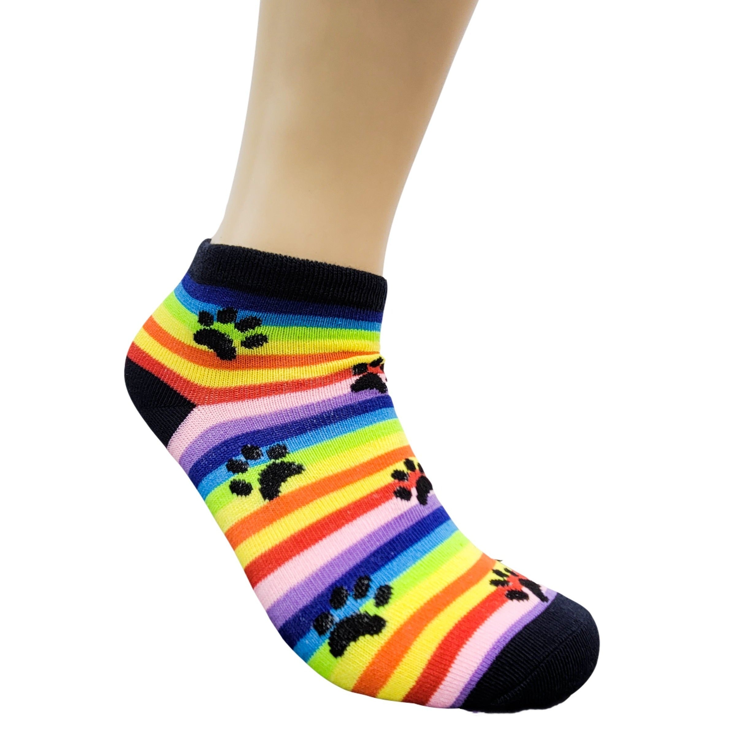 Rainbow Striped with Animal Paw Prints Ankle Socks (Adult Medium)