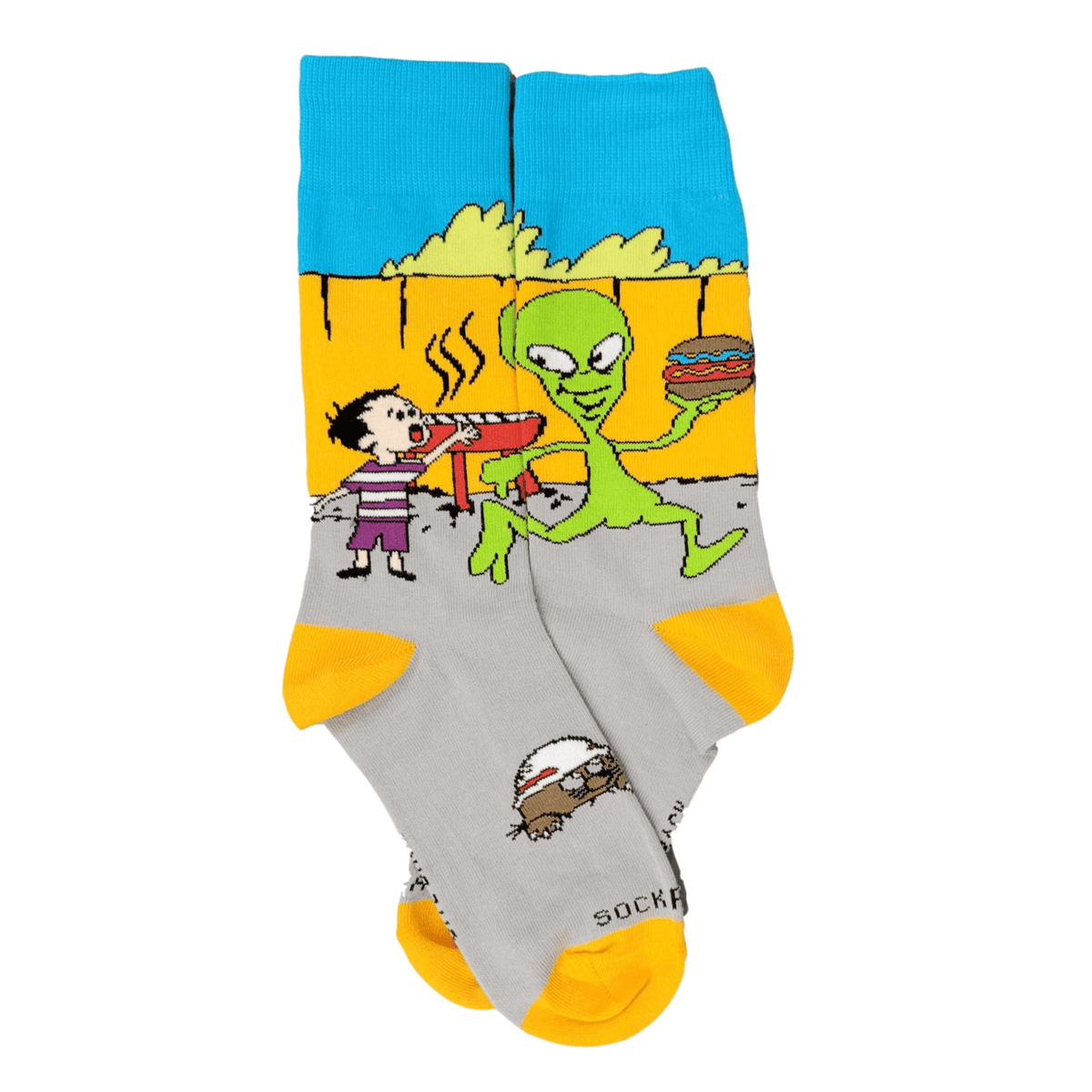 Alien Stealing a Hamburger at a BBQ Socks from the Sock Panda (Adult Small - Shoe Sizes 2-5), Tween Alien Hamburger