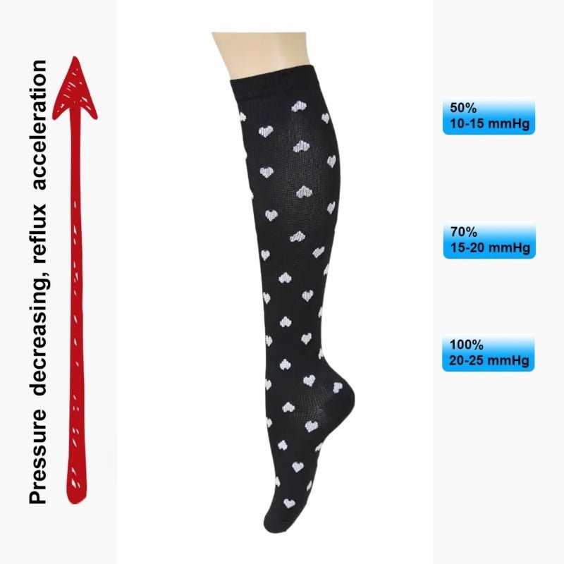 Black with Gray Heart Patterned Knee High (Compression Socks), GrBlCompressionMd