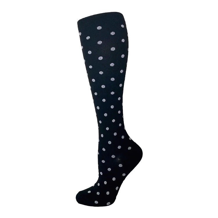 Black with Gray Polka Dot Patterned Knee High (Compression Socks), BlGrPolkaCompMd