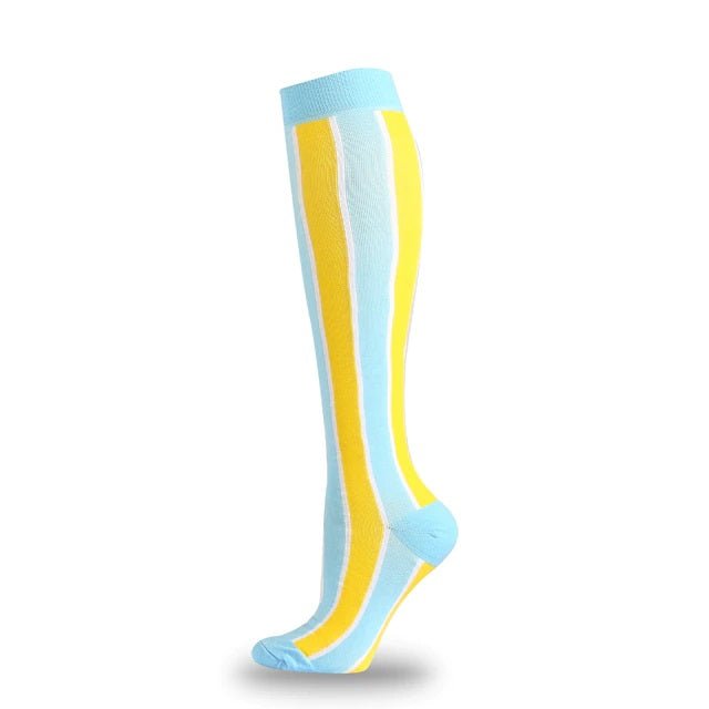 Blue and Yellow Vertical Striped Knee High (Compression Socks), VertStripCompMd