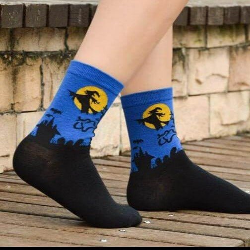Blue Witch Flying by the Moon Socks, blue witch